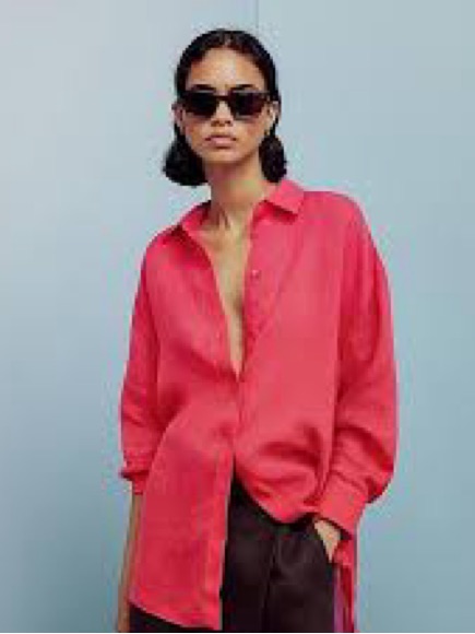 Massimo Dutti 100% Ramio Oversized Button-Up Shirt In Coral Pink